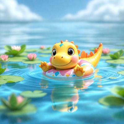 The primary subject of the image is a cartoon-like toy dinosaur, which is floating on a raft in a body of water. The toy dinosaur is wearing a life jacket and appears to be enjoying its time in the water. The setting is a serene environment with a blue water surface, and the visual style is a digital art or illustration. The colors and mood of the image are bright and cheerful, with the toy dinosaur being the main focus of the scene.